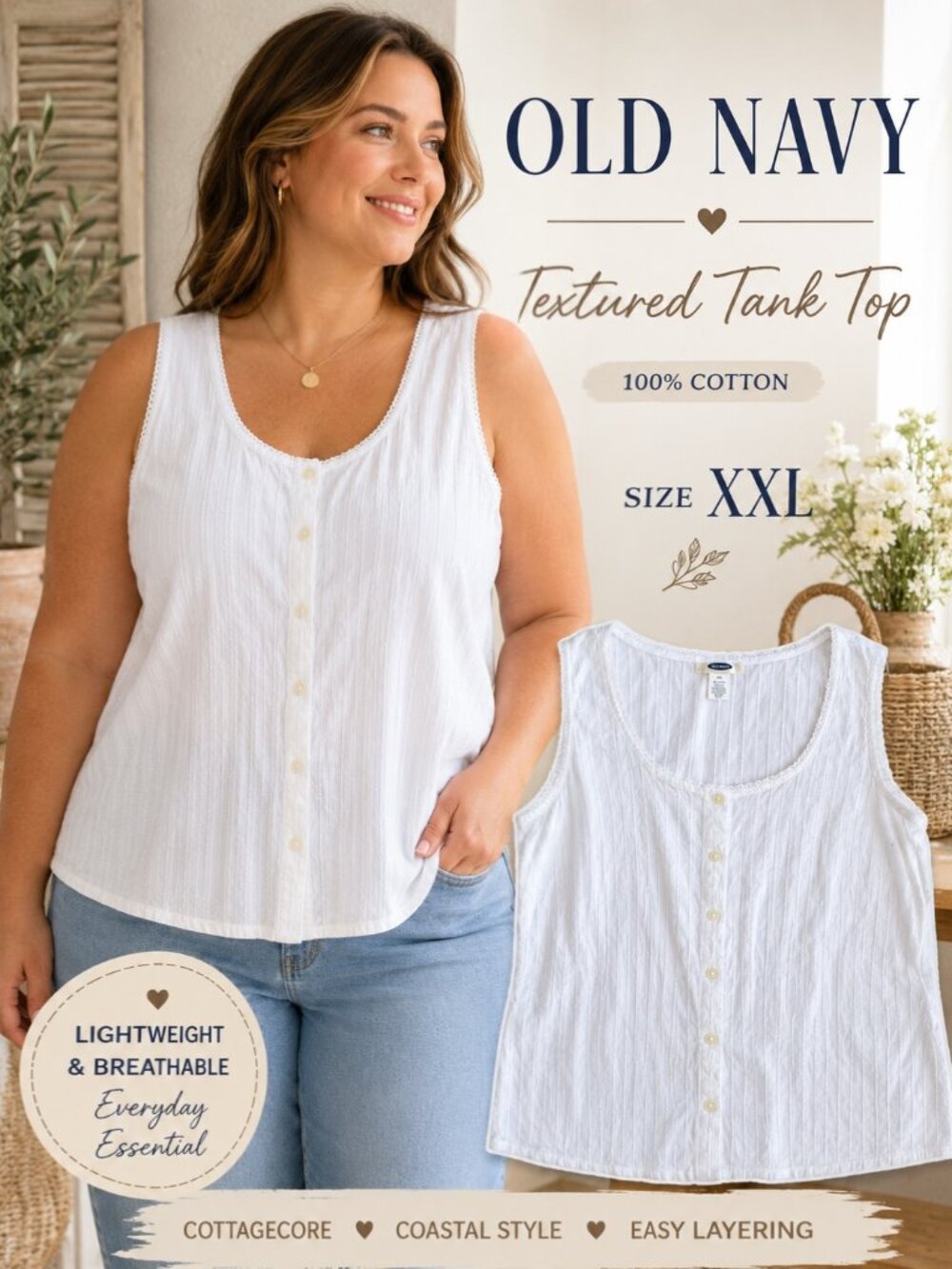 Old Navy White Textured Cotton Tank Top Button Front Cottagecore XXL